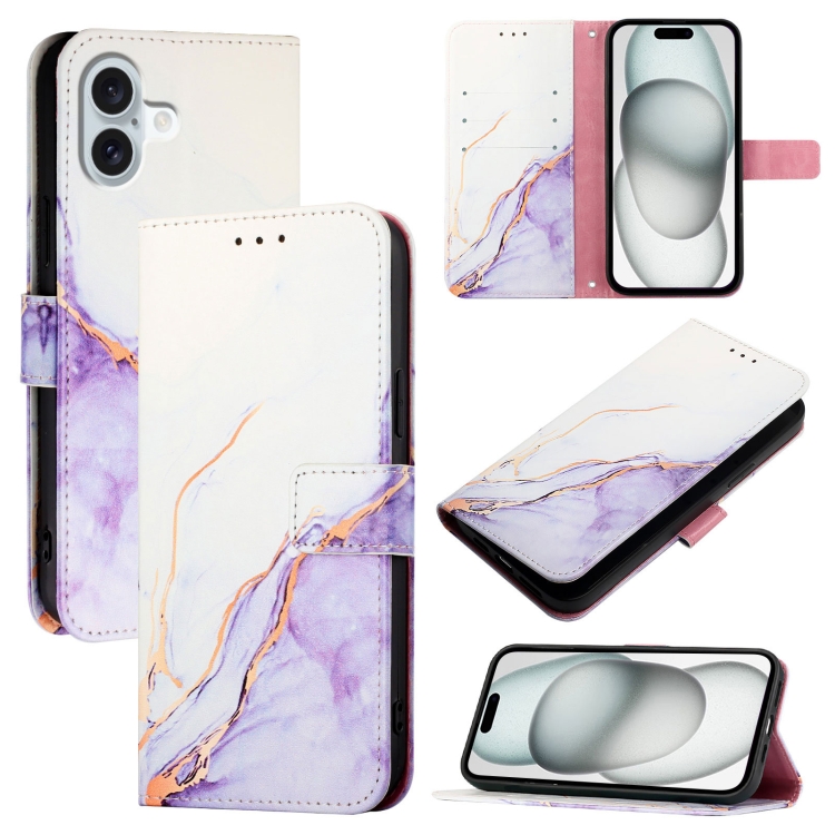 For iPhone 16 Plus PT003 Marble Pattern Flip Leather Phone Case(White Purple)