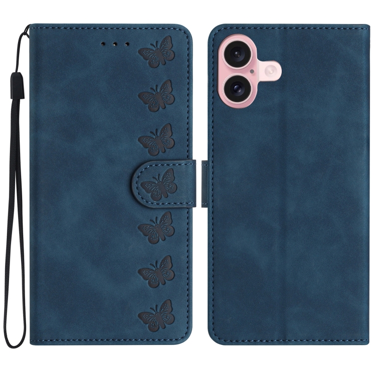 For iPhone 16 Plus Seven Butterflies Embossed Leather Phone Case(Blue)