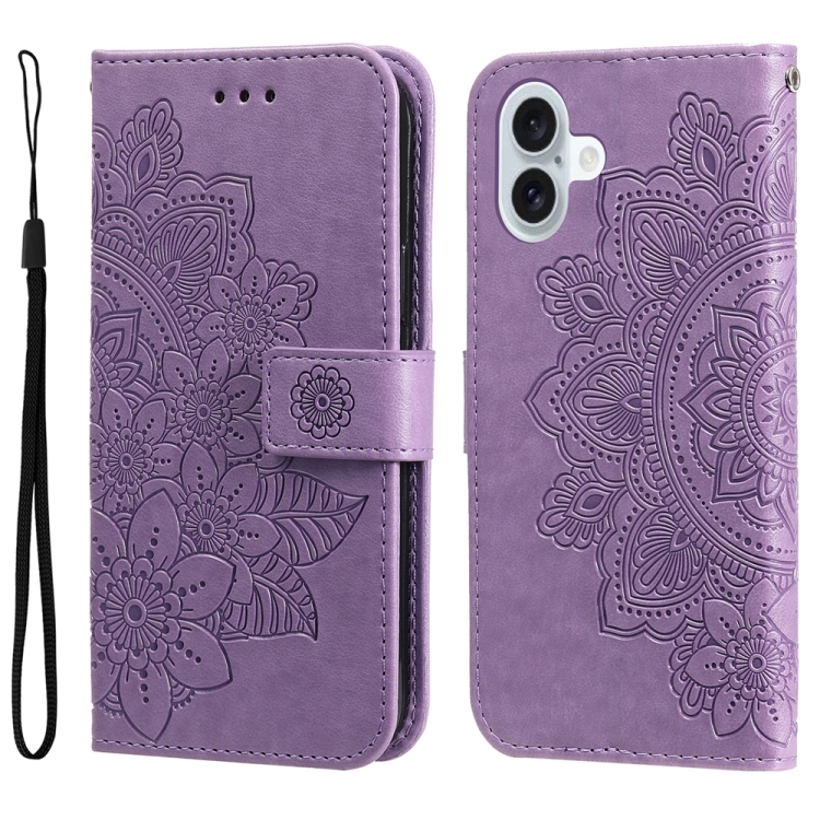 For iPhone 16 Plus Seven-petal Flowers Embossing Leather Phone Case(Light Purple)