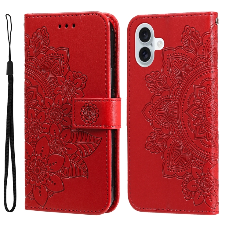 For iPhone 16 Plus Seven-petal Flowers Embossing Leather Phone Case(Red)