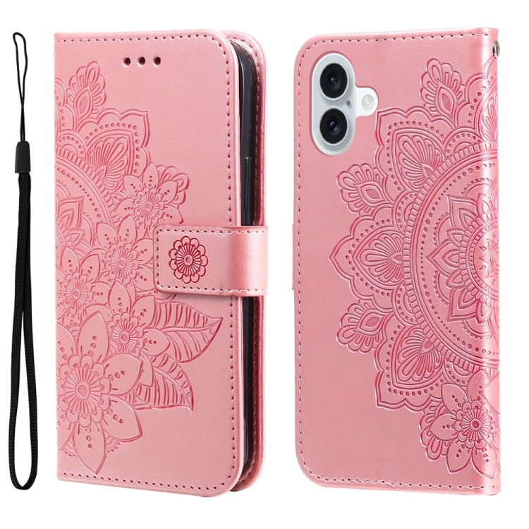 For iPhone 16 Plus Seven-petal Flowers Embossing Leather Phone Case(Rose Gold)