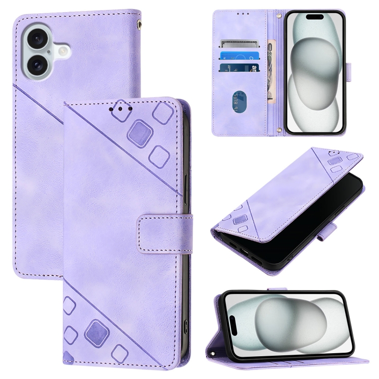 For iPhone 16 Plus Skin-feel Embossed Leather Phone Case(Light Purple)
