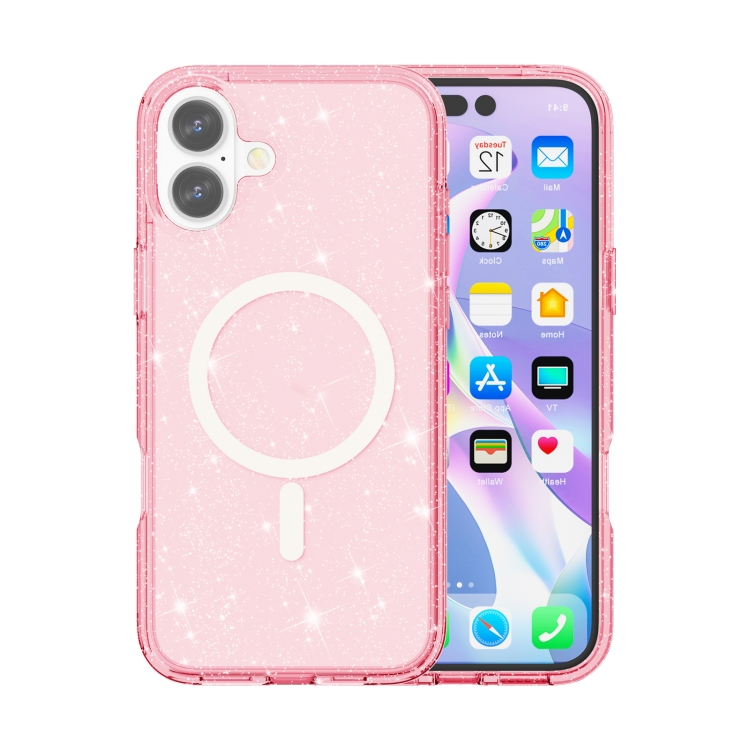 For iPhone 16 Plus Terminator Style Glitter Powder MagSafe Magnetic Phone Case(Pink)