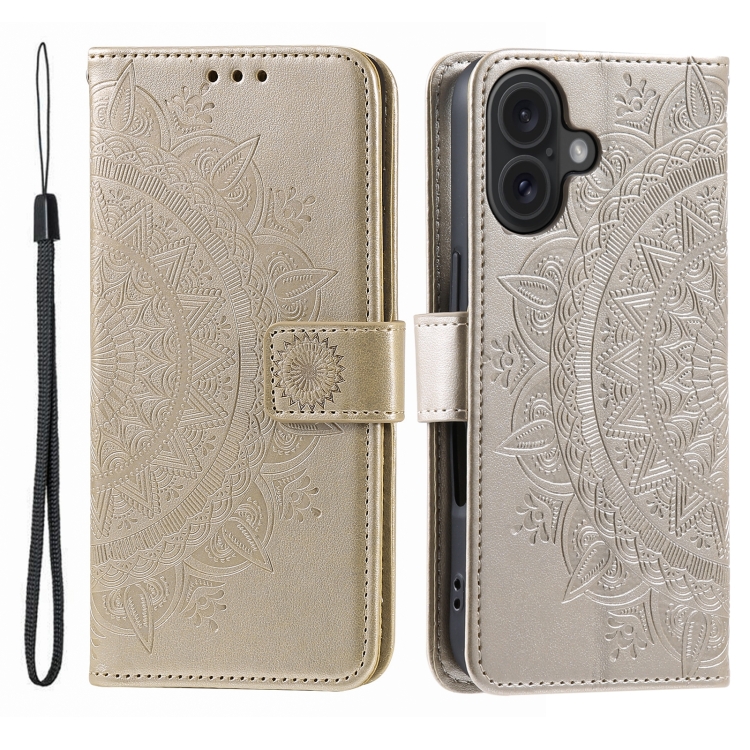 For iPhone 16 Plus Totem Flower Embossed Leather Phone Case(Gold)