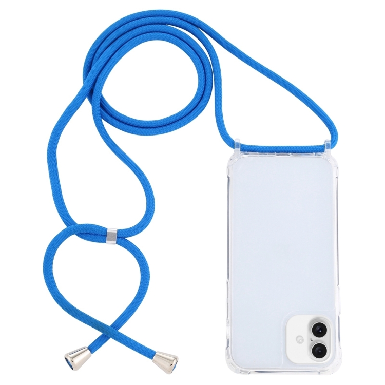 For iPhone 16 Plus Transparent Acrylic Airbag Shockproof Phone Protective Case with Lanyard(Blue)