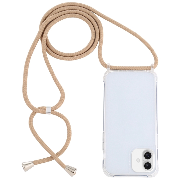 For iPhone 16 Plus Transparent Acrylic Airbag Shockproof Phone Protective Case with Lanyard(Camel)