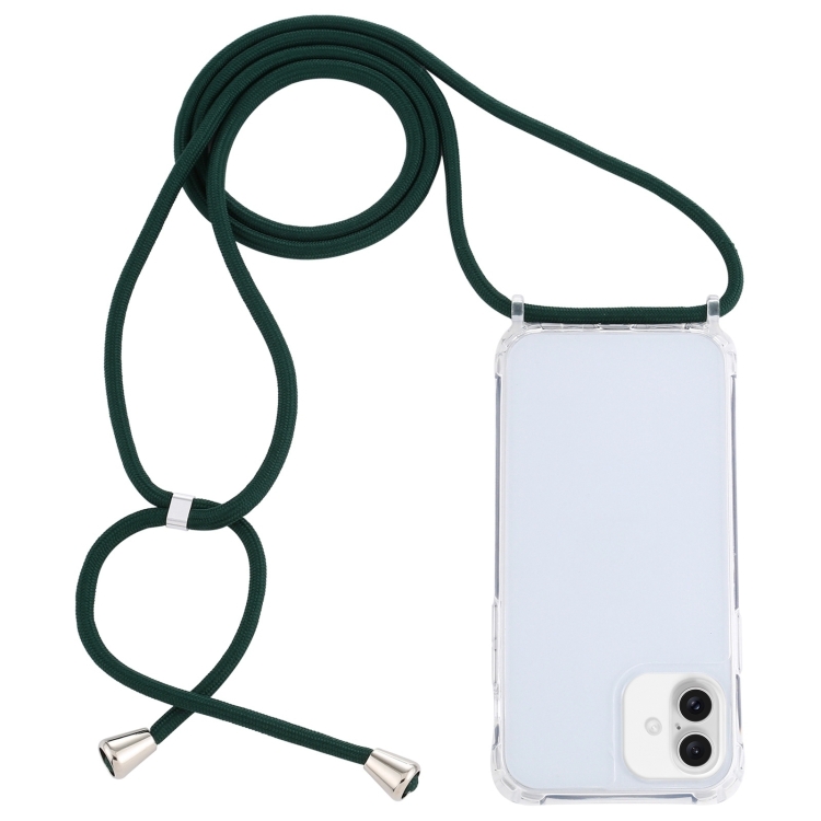 For iPhone 16 Plus Transparent Acrylic Airbag Shockproof Phone Protective Case with Lanyard(Dark Green)