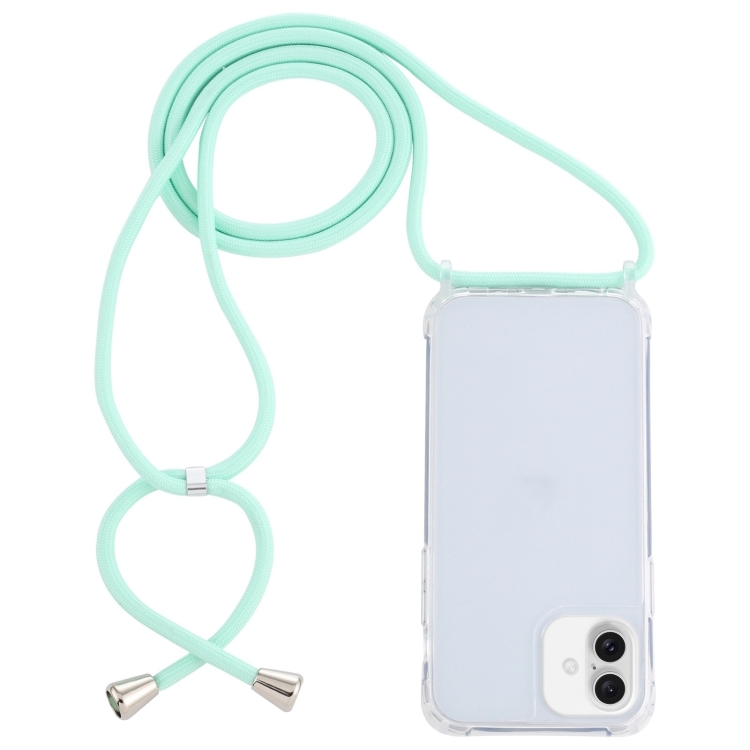 For iPhone 16 Plus Transparent Acrylic Airbag Shockproof Phone Protective Case with Lanyard(Mint Green)