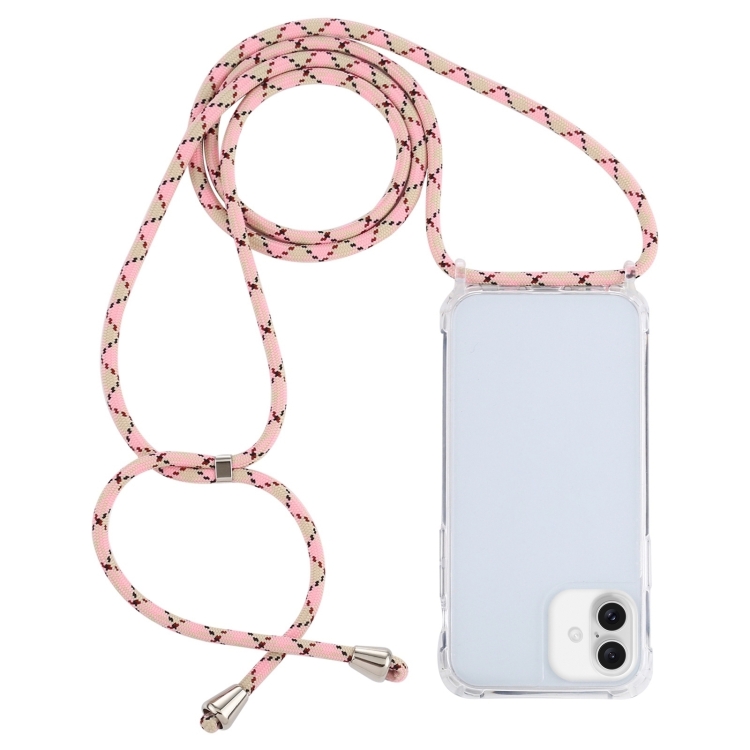 For iPhone 16 Plus Transparent Acrylic Airbag Shockproof Phone Protective Case with Lanyard(Pink Apricot Coffee)