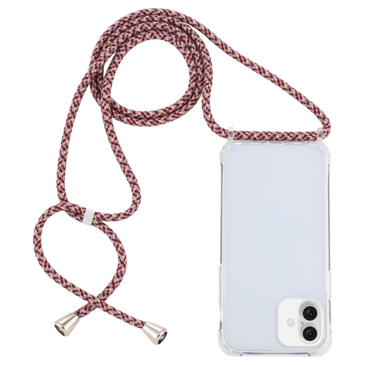 For iPhone 16 Plus Transparent Acrylic Airbag Shockproof Phone Protective Case with Lanyard(Red Apricot Grey Fine Lines)