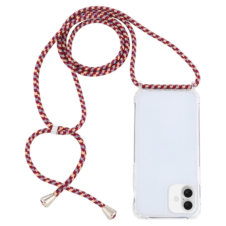 For iPhone 16 Plus Transparent Acrylic Airbag Shockproof Phone Protective Case with Lanyard(Red Apricot Grey Rough Grain)