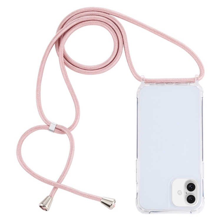 For iPhone 16 Plus Transparent Acrylic Airbag Shockproof Phone Protective Case with Lanyard(Rose Gold)