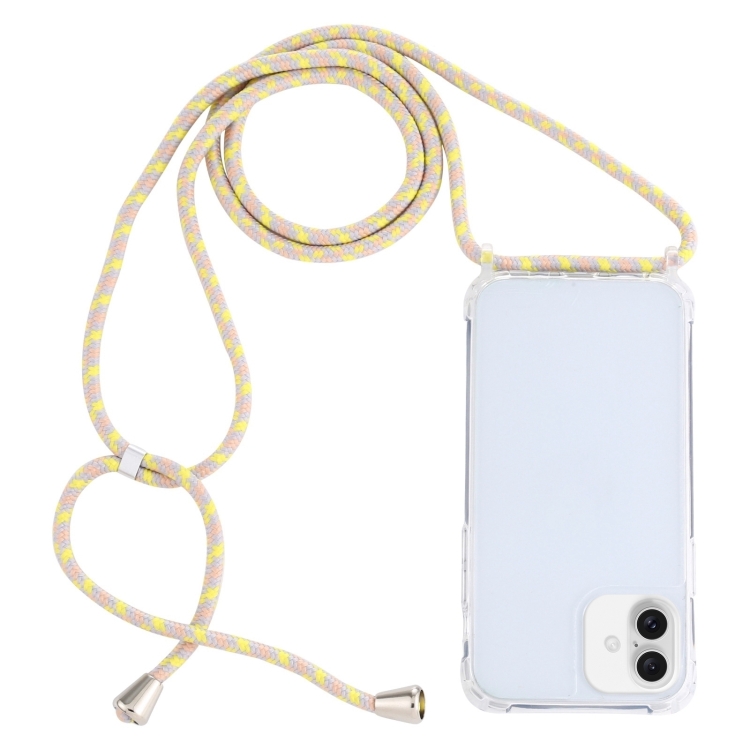For iPhone 16 Plus Transparent Acrylic Airbag Shockproof Phone Protective Case with Lanyard(Yellow Pink Grey)