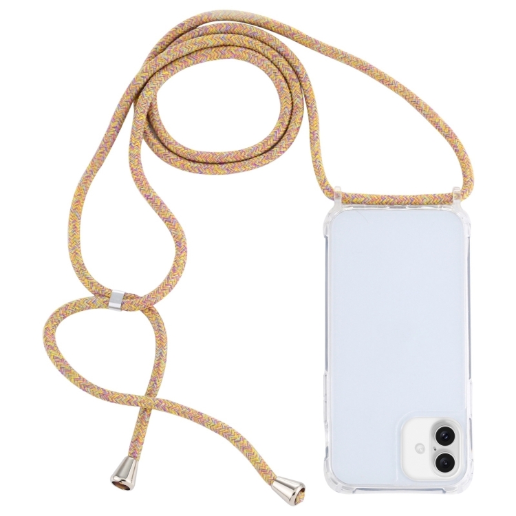 For iPhone 16 Plus Transparent Acrylic Airbag Shockproof Phone Protective Case with Lanyard(Yellow Rainbow)