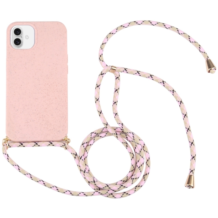 For iPhone 16 Plus Wheat Straw TPU Shockproof Phone Case with Neck Lanyard(Pink)