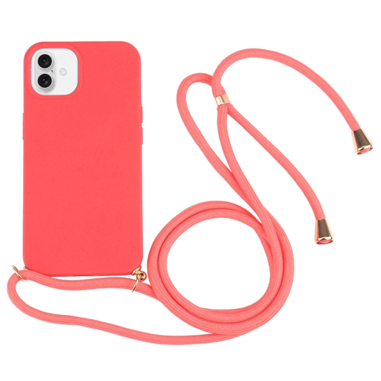 For iPhone 16 Plus Wheat Straw TPU Shockproof Phone Case with Neck Lanyard(Red)