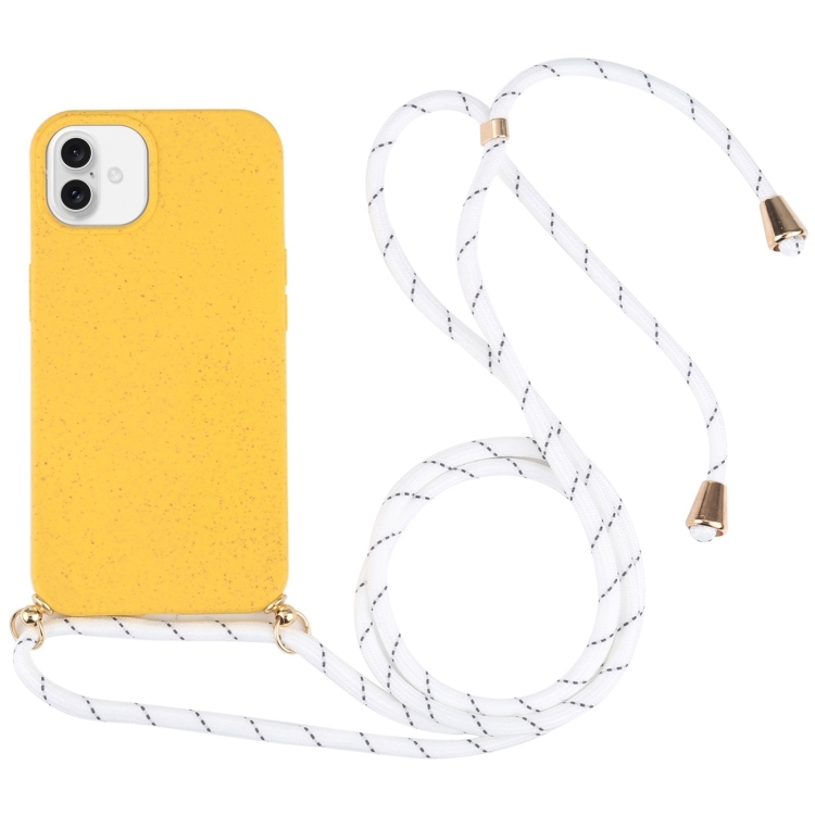 For iPhone 16 Plus Wheat Straw TPU Shockproof Phone Case with Neck Lanyard(Yellow)