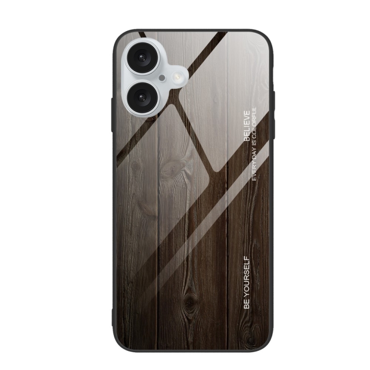 For iPhone 16 Plus Wood Grain Glass Phone Case(Black)