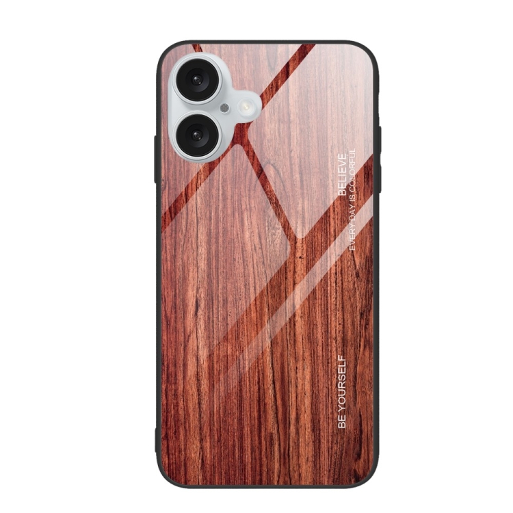 For iPhone 16 Plus Wood Grain Glass Phone Case(Coffee)