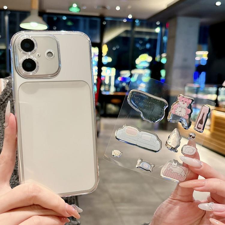For iPhone 16 Precise Hole Shockproof Clear PC Phone Case with Resin Sticker(Pink Bear)