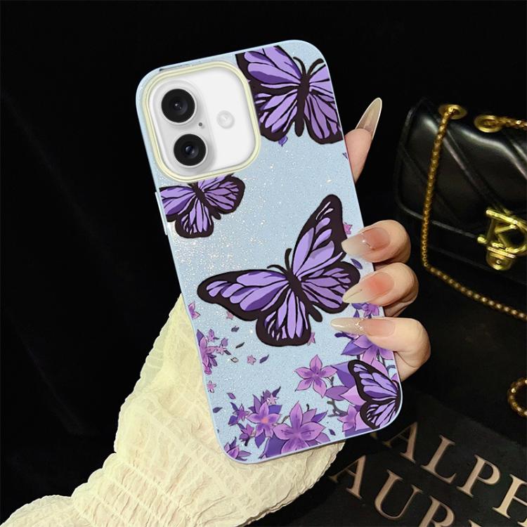 For iPhone 16 Purple Butterflies Pattern IMD Glitter PC Hybrid TPU Phone Case(Blue)