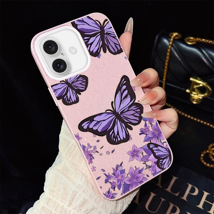 For iPhone 16 Purple Butterflies Pattern IMD Glitter PC Hybrid TPU Phone Case(Pink)