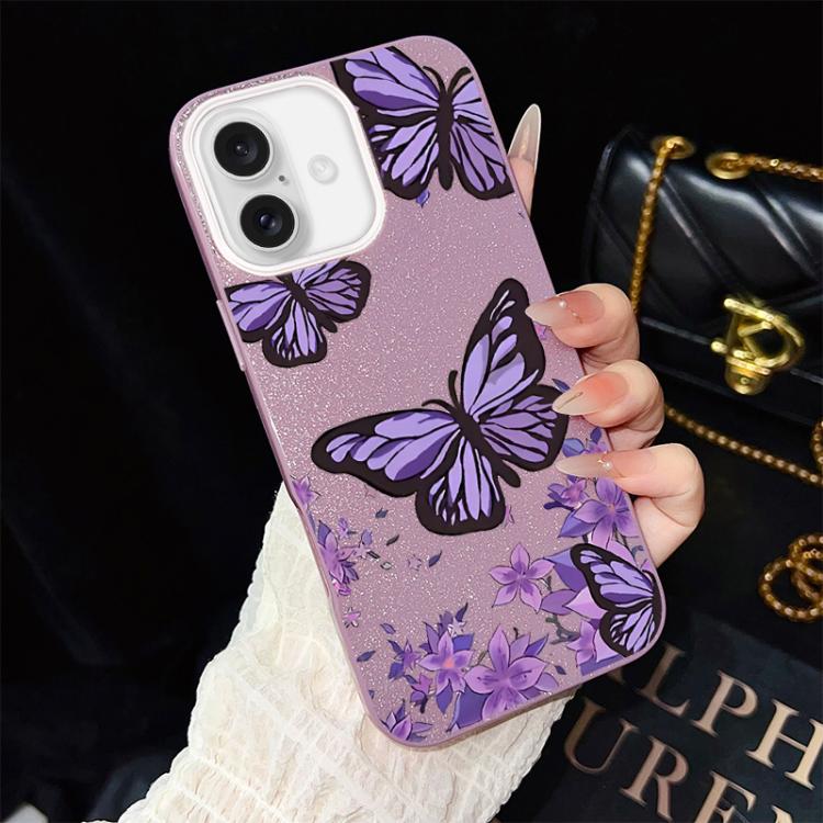 For iPhone 16 Purple Butterflies Pattern IMD Glitter PC Hybrid TPU Phone Case(Purple)