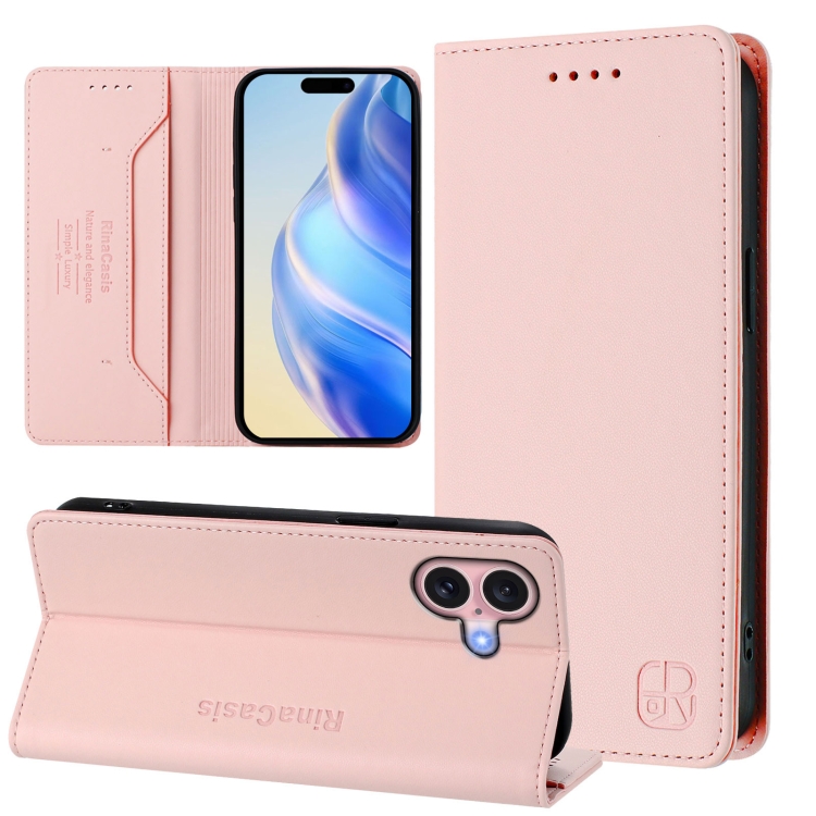 For iPhone 16 RC01 Dual-Folded Magnetic Suction RFID Leather Phone Case(Pink)