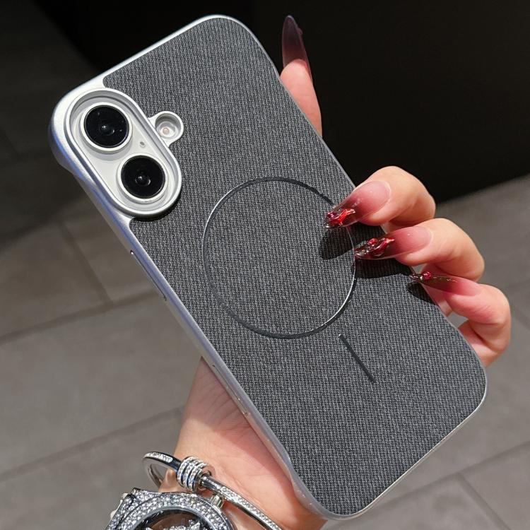 For iPhone 16 Retro Linen Fabric Magnetic Half Coverage Phone Case(Black)