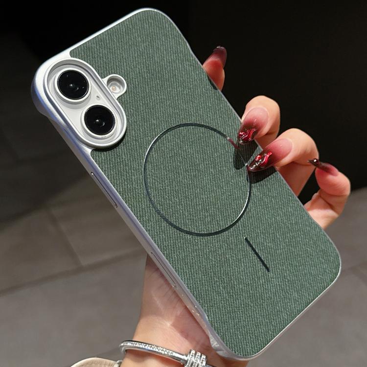For iPhone 16 Retro Linen Fabric Magnetic Half Coverage Phone Case(Dark Green)