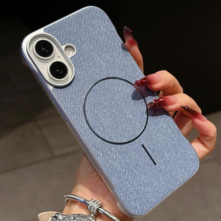 For iPhone 16 Retro Linen Fabric Magnetic Half Coverage Phone Case(Light Blue)