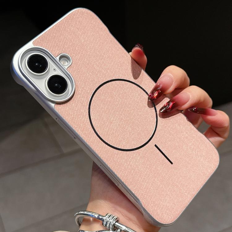 For iPhone 16 Retro Linen Fabric Magnetic Half Coverage Phone Case(Pink)