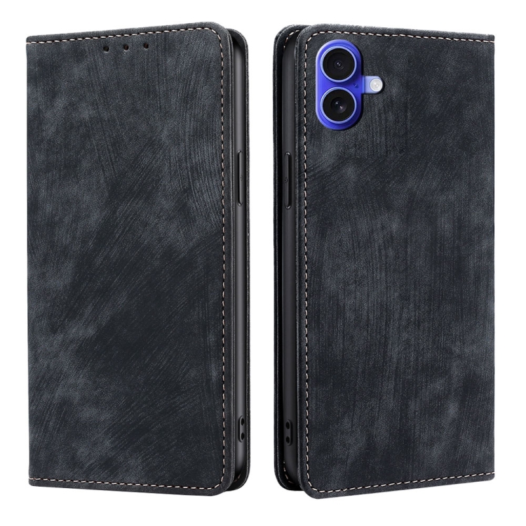 For iPhone 16 RFID Anti-theft Brush Magnetic Leather Phone Case(Black)