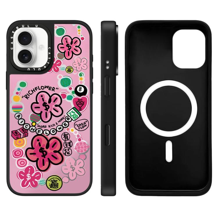 For iPhone 16 Rich Flower Series Pattern Mirror Magnetic Phone Case(Ball No.8)