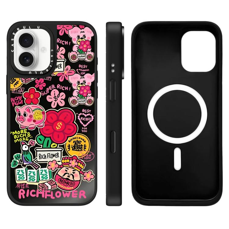 For iPhone 16 Rich Flower Series Pattern Mirror Magnetic Phone Case(God of Wealth Black)