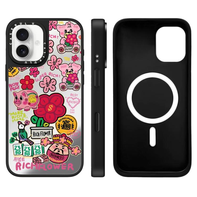 For iPhone 16 Rich Flower Series Pattern Mirror Magnetic Phone Case(God of Wealth Silver)