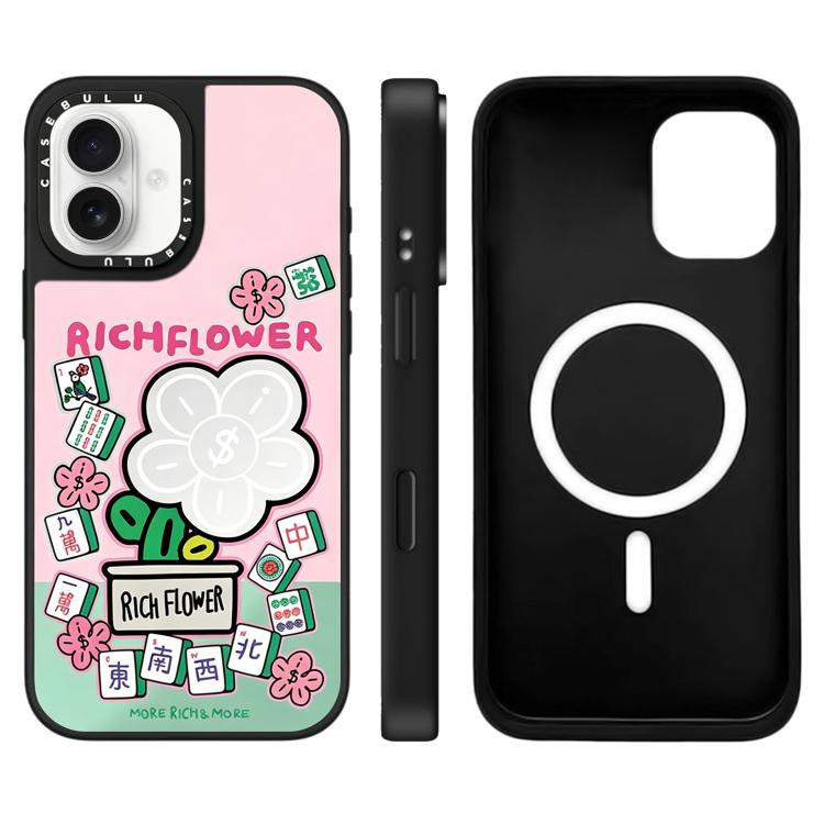 For iPhone 16 Rich Flower Series Pattern Mirror Magnetic Phone Case(Mahjong)