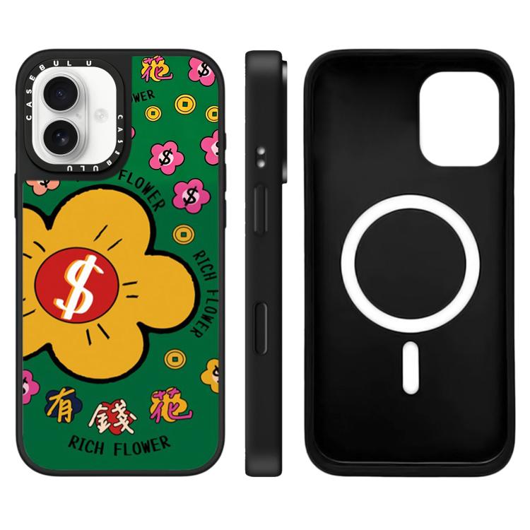 For iPhone 16 Rich Flower Series Pattern Mirror Magnetic Phone Case(Money Symbols)