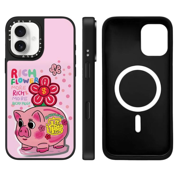 For iPhone 16 Rich Flower Series Pattern Mirror Magnetic Phone Case(Piggy Bank)