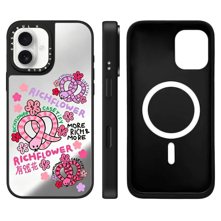 For iPhone 16 Rich Flower Series Pattern Mirror Magnetic Phone Case(Snake Stripes)