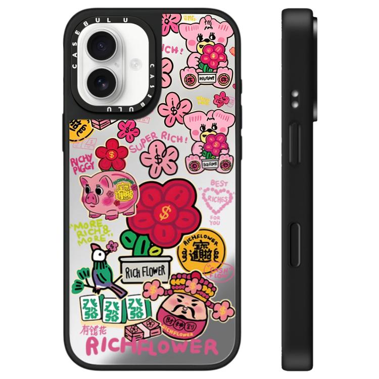 For iPhone 16 Rich Flower Series Pattern Mirror Phone Case(God of Wealth Silver)