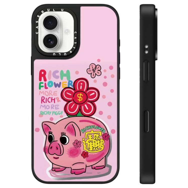 For iPhone 16 Rich Flower Series Pattern Mirror Phone Case(Piggy Bank)