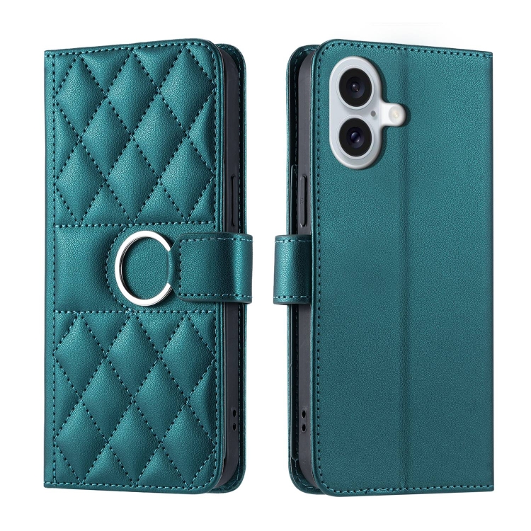 For iPhone 16 Ring Buckle Rhombic Leather Phone Case(Green)