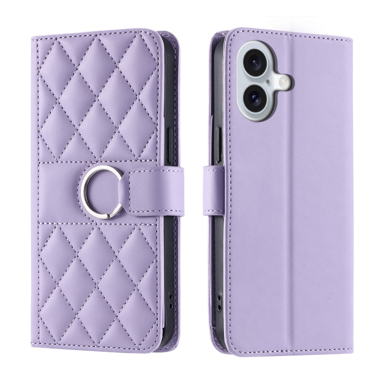 For iPhone 16 Ring Buckle Rhombic Leather Phone Case(Purple)