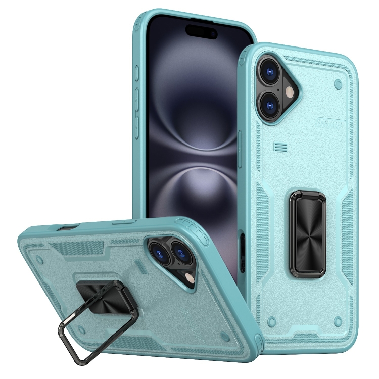 For iPhone 16 Ring Holder PC Hybrid TPU Phone Case(Blue)