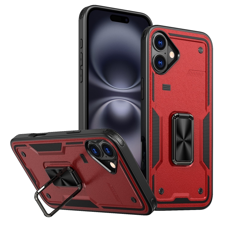 For iPhone 16 Ring Holder PC Hybrid TPU Phone Case(Red)