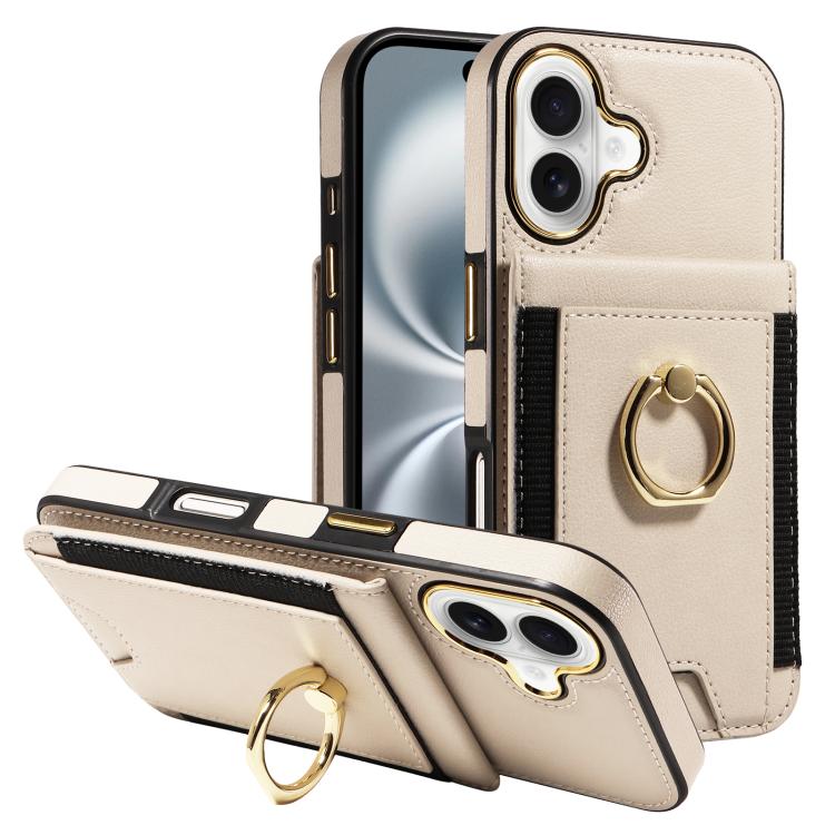 For iPhone 16 Ring Multifunctional Vertical Flip Wallet Back Cover Leather Phone Case(Beige)