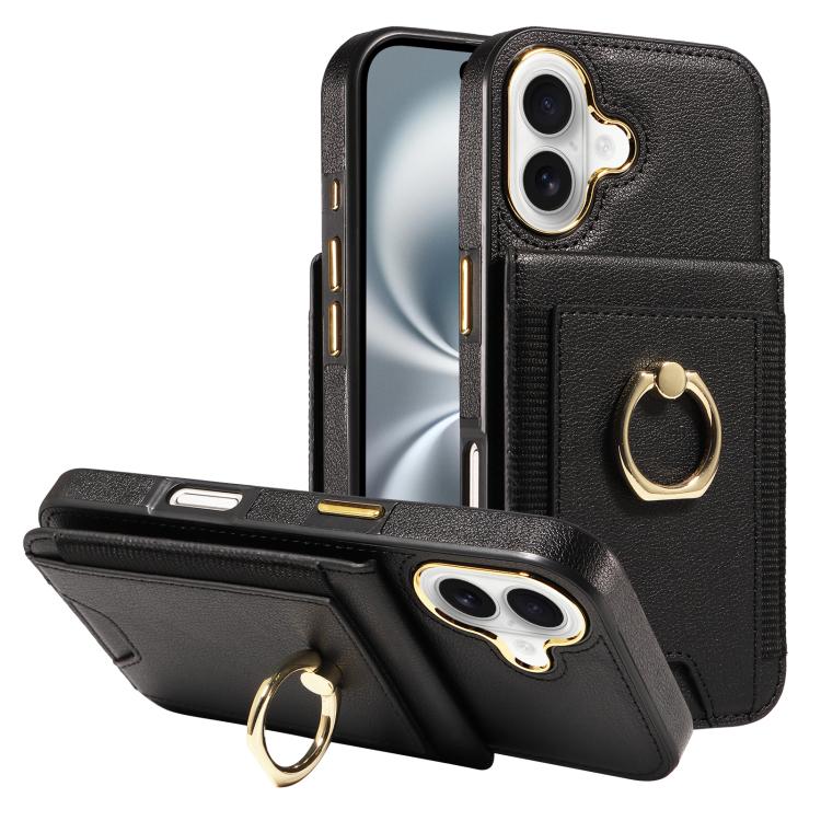 For iPhone 16 Ring Multifunctional Vertical Flip Wallet Back Cover Leather Phone Case(Black)