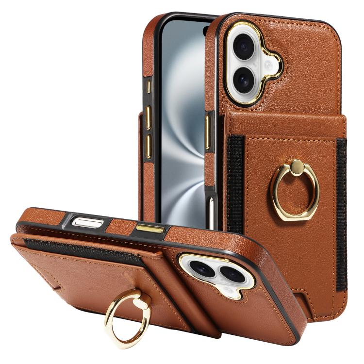 For iPhone 16 Ring Multifunctional Vertical Flip Wallet Back Cover Leather Phone Case(Brown)
