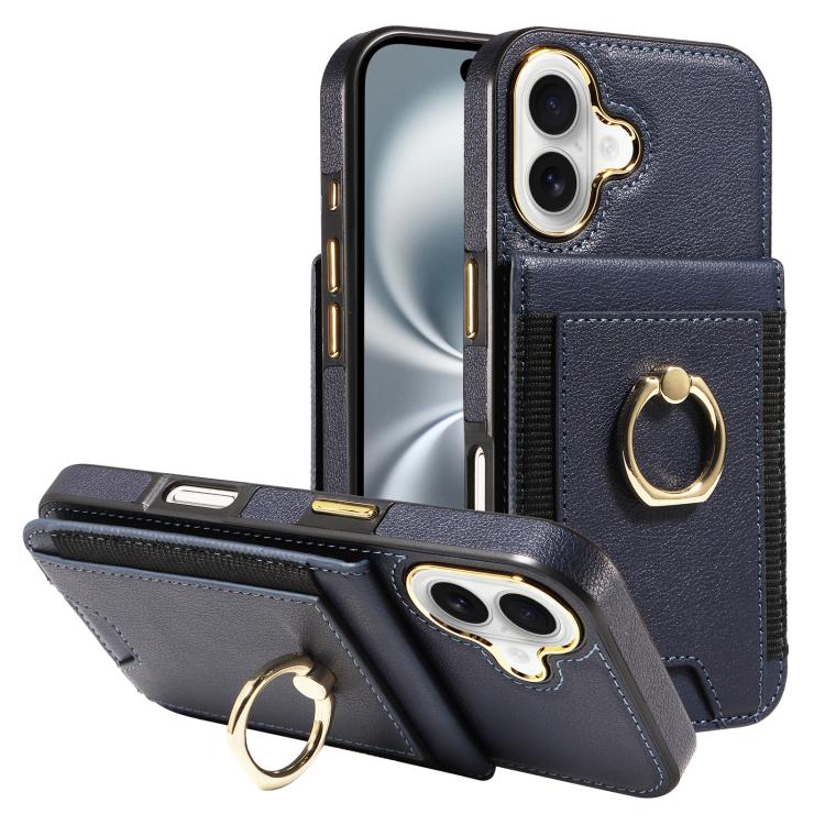 For iPhone 16 Ring Multifunctional Vertical Flip Wallet Back Cover Leather Phone Case(Dark Blue)